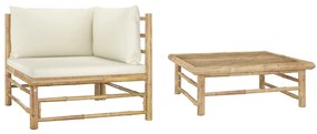 2 pcs conj. lounge p/ jardim em bambu c/ almofadões branco nata