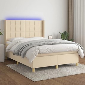 vidaXL Cama box spring c/ colchão e LED 140x200 cm tecido cor creme