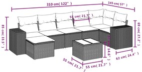 8 pcs conjunto sofás de jardim c/ almofadões vime PE castanho