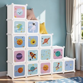 Armário de arrumação para crianças com 15 cubos com portas 31 x 153 x 153 cm branco leitoso, padrão colorido (motivo espacial)