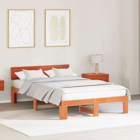 vidaXL Estrutura de Cama com Cabeceira Castanho Encerado 140x190 cm Madeira de Pinho Sólido