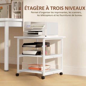 Suporte para impressora com 3 prateleiras, móvel com rodas, 50 L x 50 L x 52,5 A cm branco