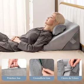 Conjunto de 3 almofadas em cunha para cama, com espuma viscoelástica ortopédica para as costas e as pernas, na cor cinzenta