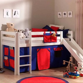 Conjunto Cama alta de Criança PINO 90 x 200 cm + estrado + escada + escorrega + cortina Domino Branca