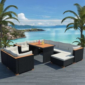 vidaXL 10 pcs conjunto lounge de jardim c/ almofadões vime PE preto