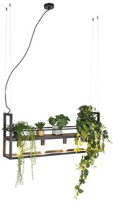 Candeeiro de suspensão industrial preto com prateleira de madeira 4 luzes - Cage Rack Industrial