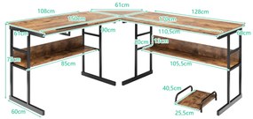 Secretária de canto moderna em forma de L, com mesa de desenho inclinável com prateleira inferior, estrutura em metal - Castanho Escuro