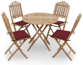 5 pcs conj. de jantar dobrável c/ almofadões p/ exterior bambu