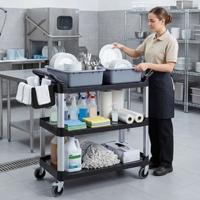 Carrinho de Limpeza com Rodas com 3 Prateleiras 2 Contentores e Balde Lateral Suspenso Carga 100 kg Preto.