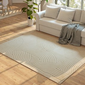 Tapete de sala 230 x 160 cm, tapete com pêlo espesso, padrão geométrico, macio e antiderrapante, cor creme