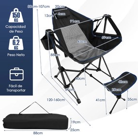 Cadeira de rede dobrável para campismo com apoio para os pés retrátil e bolsa de transporte para acampamento, pesca, piquenique, preta