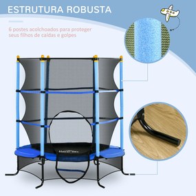 Trampolim para Crianças com Rede de Segurança e Estrutura de Aço Carga 50 kg 163x163x163 cm Azul