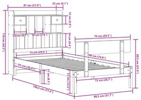 Cama com estante sem colchão 75x190 cm pinho maciço branco