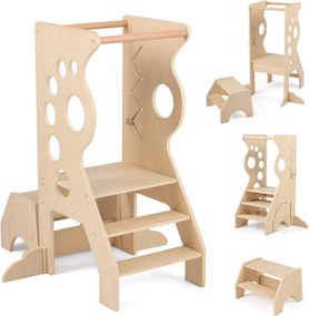 Banco de cozinha infantil 72 x 59 x 90,5 cm Torre de aprendizagem 2 em 1 com barras de segurança e 2 degraus para crianças +3 anos Natural