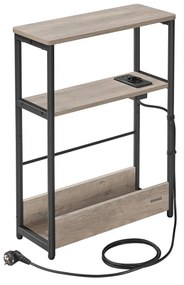 Mesa lateral fina VASAGLE com filtro de linha, mesa de cabeceira de 3 níveis, canto de sofá, para espaços pequenos, porta-revistas, sala de estar, quarto, escritório, cinza mesclado e preto tinta LET335K05