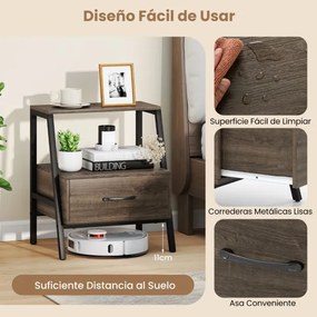 Mesa de cabeceira 45 x 35 x 52,5 cm com 3 níveis, prateleira aberta, gaveta e estrutura metálica para sala, cinzenta acastanhado
