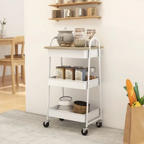 Carrinho de cozinha, com 3 níveis, tabuleiro superior, cestos, pegas, 45 x 32 x 77,5 cm, branco e carvalho