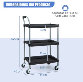 Carrinho de ferramentas de 3 camadas com prateleiras em PP, pega almofadada e rodas giratórias para garagem, oficina 64 x 40 x 102 cm Preto