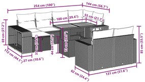 11 pcs conjunto sofás de jardim c/ almofadões vime PE preto