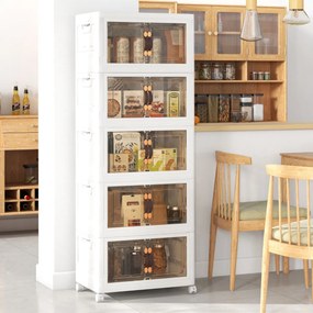 Conjunto de 5 caixas arrumação empilháveis com portas de rodas com fecho e tampas dobráveis em PP para o quarto 59,5 x 37,5 x 169 cm Branco