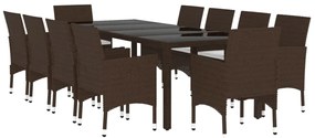 11 pcs conjunto de jantar para jardim vime PE castanho