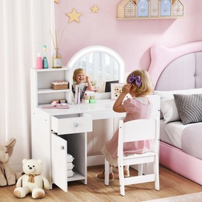 Toucador Infantil com Banqueta e Espelho com Luzes LED 1 Gaveta, Armário e 5 Prateleiras Branco