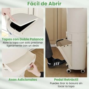 Caixote do lixo de 42 L com 2 caixotes removíveis, gaveta com pedal e rodas para sala, cozinha e casa de banho, bege