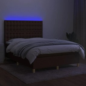 Cama box spring c/ colchão/LED 140x200cm tecido castanho-escuro