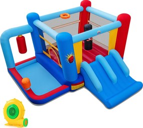 Castelo insuflável com Soprador de 550 W com sacos de boxe, piscina de bolas, cesto de basquetebol e escorregas duplos para crianças dos 3 aos 12 anos