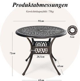 Mesa de jardim redonda  com orifício para guarda-sol Ø 90 cm, em alumínio fundido