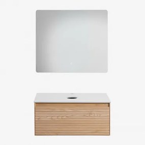 Conjunto De Móvel De Casa De Banho Suspenso 80x50 Cm Em Madeira De Freixo Tedrik Castanho Fresno & Sem Lavatório & Led Retangular - Sklum