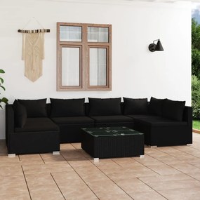 7 pcs conjunto lounge de jardim c/ almofadões vime PE preto