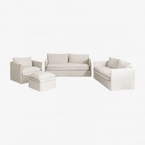Conjunto De Sala Com Sofá De 2 Lugares, Sofá De 3 Lugares, Poltrona E Puff Em Linho E Algodão Grace Tecido Beige - Sklum