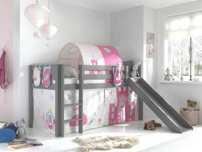 Conjunto Cama alta de Criança PINO 90 x 200 cm + estrado + escada + escorrega + tunel + cortina + bolsas de arrumação Princesa Cinzenta