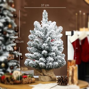 Mini Árvore de Natal Artificial com 35 Luzes LED 60 cm com 72 Ramos com Neve Pinhas Bagas e Base de Saco de Juta Ø37x60 cm Verde
