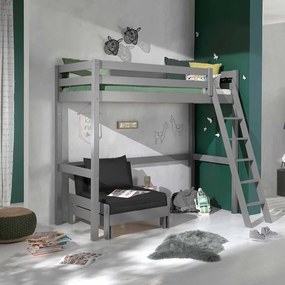 Conjunto Cama alta de Criança PINO 90 x 200 cm + estrado + escada + sofá-cama Cinzenta