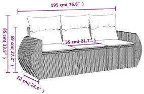 3 pcs conjunto de sofás p/ jardim com almofadões vime PE bege