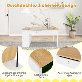 Mesa de atividades 3 em 1 e cavalete com tampo elevável e 6 recipientes de tecido e rolo de papel branco