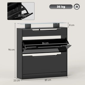 Sapateira 2 gavetas basculantes, 1 gaveta deslizante, 1 balcão, 89 x 23 x 96 cm, preto