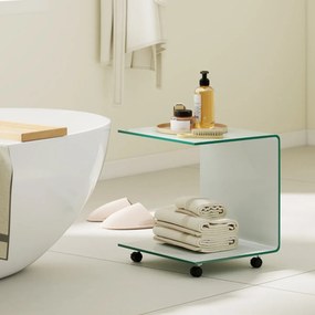 Mesa auxiliar em forma de C em vidro temperado 39,5 x 45 x 48 com prateleira de 2 níveis 4 rodas giratórias bloqueáveis Branco
