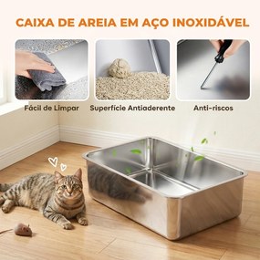 Conjunto de 2 Caixas de Areia XL em Aço Inoxidável com Bordo Alto e 2 Pás para Gatos Grandes e Vários Gatos Cinza Escuro