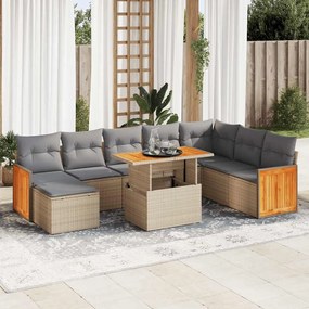 9 pcs conjunto sofás jardim com almofadões vime PE/acácia bege