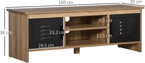 Móvel para TV com banco,109 x 35  x 38 cm, design industrial, com 2 armários, 2 compartimentos abertos, 2 passas-cabos, acabamento em madeira com veio