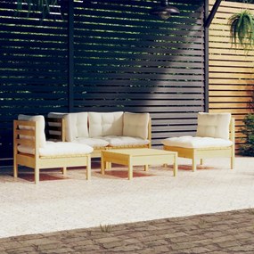 vidaXL 5 pcs conjunto lounge jardim c/ almofadões creme pinho maciço
