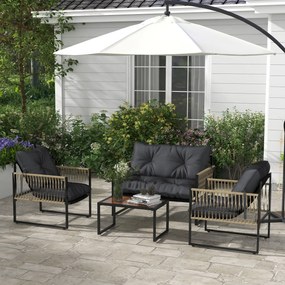 Conjunto de Móveis de Jardim de Vime Sintético 4 Peças com 2 Poltronas 1 Sofá de 2 Lugares 1 Mesa de Centro Cinza Escuro