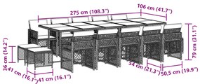 15 pcs conjunto de jantar p/ jardim com almofadões vime PE bege