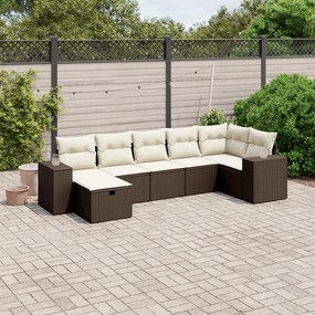 7 pcs conjunto de sofás jardim c/ almofadões vime PE castanho