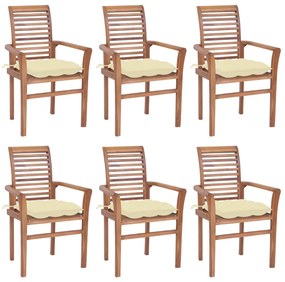 Cadeiras de jantar c/ almofadões branco nata 6 pcs teca maciça
