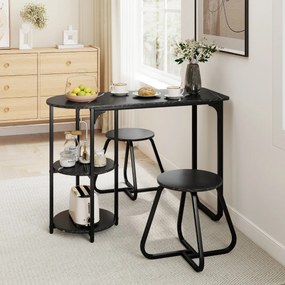 Conjunto de mesa de jantar de madeira e metal e 2 bancos com Prateleiras Armazenamento para Espaços pequenos Preto