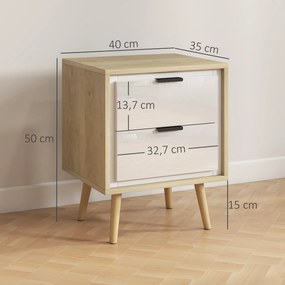 Mesa de Cabeceira, 40 x 35 x 50 cm, 2 Gavetas Silenciosas, Castanho e Branco Brilhante